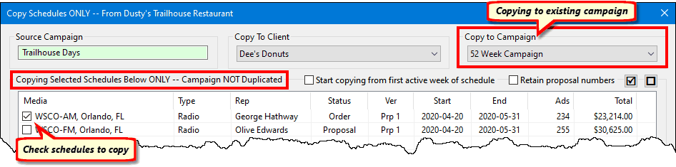 Selectively copy schedules to a different client and campaign Selectively copy schedules to a different client and campaign