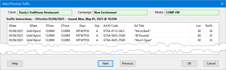 Selecting Previous Traffic