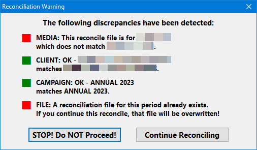 Reconcile Discrepancy Warning Reconcile Discrepancy Warning