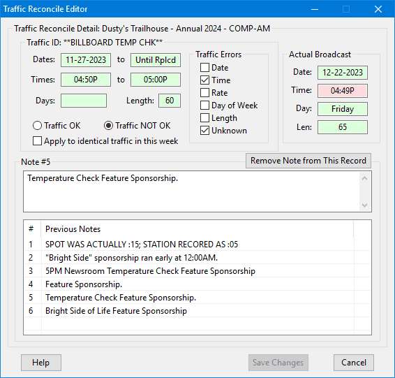 Editing Traffic in Reconcile Editor